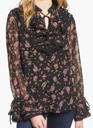 Rebecca Minkoff Devy Black/Pink Floral Ruffle Bell Sleeve Blouse Size Small thumbnail 1