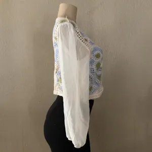 Mexican Crochet Floral Cardigan Women Size S Green Balloon Sleeve Boho NWOT thumbnail 3