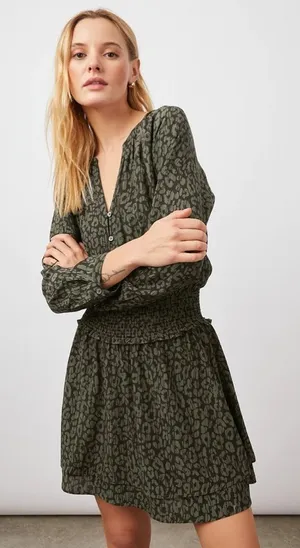 Rails Jasmine Cheetah Print Dress Olive Green Batik Large Cinched Waist thumbnail 1