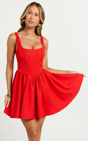 New Showpo Aimee Mini Dress Scoop Neck Corset Gathered Dress Medium MSRP $129 thumbnail 1