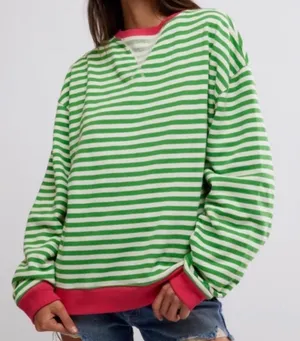 We The Free NWOT Free People Classic Striped Oversized Crewneck Green Top Size L thumbnail 1