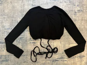 Princess Polly Black Ribbed Knit Long Sleeve Cropped Open Back Tie Waist Top US2 thumbnail 2