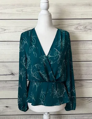 Lush Teal Floral Long Sleeve Peplum V Neck Wrap Blouse thumbnail 1