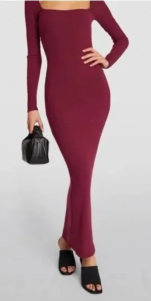 NWT SKIMS Wine Body Shaping Stretch Ribbed Modal Maxi Dress L Kim Kardashian thumbnail 1