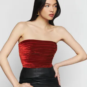 Reformation Addie Ruched Smocked Strapless Velvet Top in Blood Orange Size 4‎ thumbnail 3