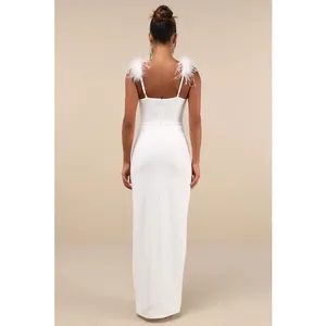 Lulus Dramatic Promise White Feather Strap Ruched Column Maxi Dress Classy XS thumbnail 2