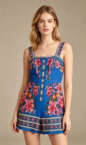 NWOT Farm Rio Linen Blend Floral Print Romper Size XS thumbnail 1