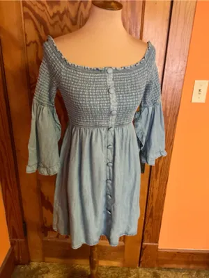 VENUS Denim Dress Size 2 Smocked Off Shoulder Bell Sleeve Button Front Boho thumbnail 8