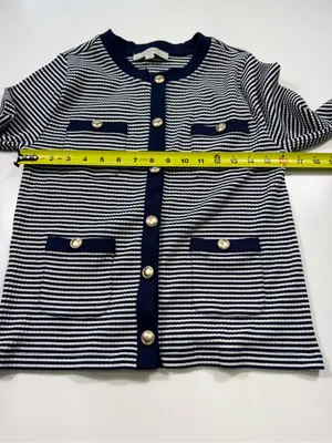 LOFT Navy and White Striped Cardigan with Gold Buttons thumbnail 4