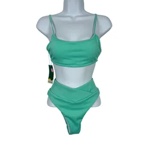 Halara Bikini Set Womens Small Ribbed Crossover High Waist Mint Green thumbnail 2