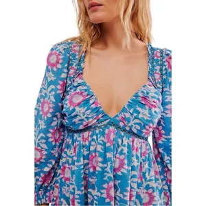 Free People Sacha Mini Babydoll‎ Dress Blue Pink Floral Open Back Boho Small New thumbnail 4