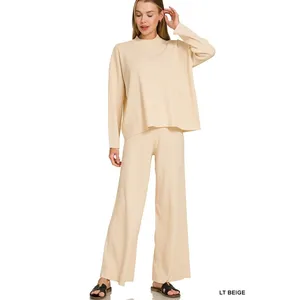 Zenana Viscose Sweater Top & Pants Set - LT. Beige - Small thumbnail 2