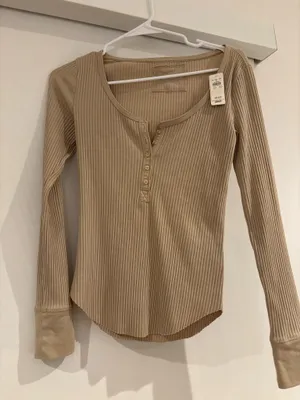 Aerie Henley Long Sleeve Brown Shirt thumbnail 1