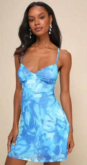 NWT Lulus Ethereal Cutie Blue Floral Abstract Mesh Lace-Up Mini Dress Size XL thumbnail 1