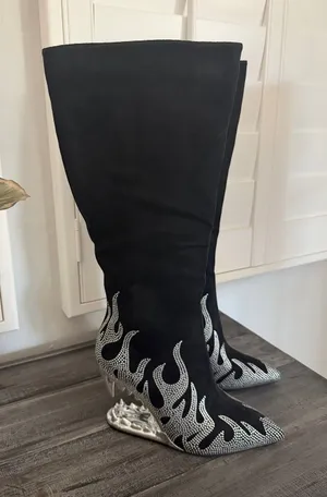 Others Follow Women Size 8 Wedge Heel Flame Rhinestone Point Toe Knee High Boot Fashion Trendy thumbnail 1