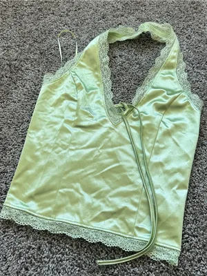 Satin Lace-Trim Halter Camisole in Light Green thumbnail 2
