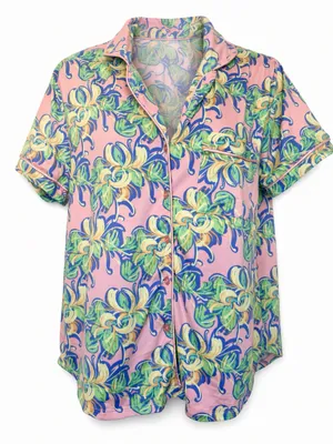 Lauren James LJ Size M Pink Tropical Floral Short Sleeve Pajama Top Sleep Shirt thumbnail 1