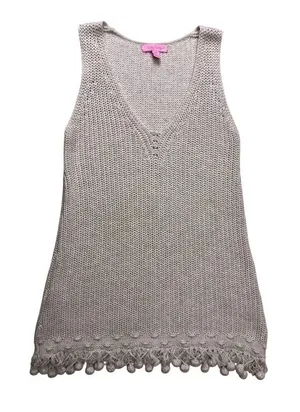 Lilly Pulitzer Sweater Tank Women‎ XXS Silver Metallic Fringe Pom Pom Knit Top thumbnail 1