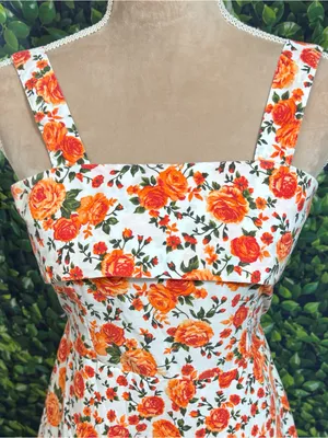 Boutique Floral Garden Party Midi Dress Tie Back Ruffle Hem Cotton Size Medium thumbnail 6
