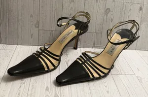 00s Y2k‎ JIMMY CHOO Black Strappy Cut Out Pointed Toe Stiletto Heeled Shoes 38.5 thumbnail 1