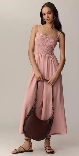 Jumpsuit Sz‎ L Smocked Stretch Pink Pull On Wide Leg High Rise Tank Cisono thumbnail 1