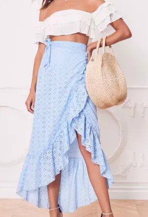 Majorelle Peanut Bluebird High Low Eyelet Ruffle Maxi Wrap Skirt L thumbnail 1