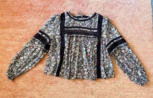 American Eagle Floral Crop Blouse Lace Trim Open Back Tie Size S thumbnail 1