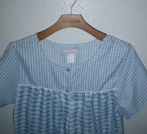 Tati Fashion M Blue Checked Snap Front Short Sleeved Pocketed House Coat thumbnail 5