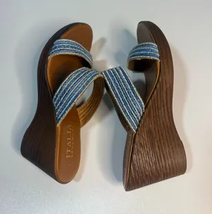 Italina Blue Striped Fabric Wedge Sandals thumbnail 1