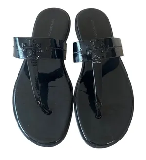 Tory‎ Burch Emmy Patent Leather Sandals Black Glossy Logo Thong Slides 9.5 thumbnail 1