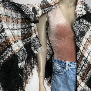 APT.9 London Plaid Toggle Ruana Poncho Cape Wrap Black‎ Brown White Cozy OS thumbnail 6