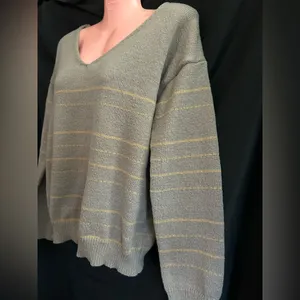 SHEIN Women's V-Neck Striped Knit Sweater Brown & Yellow SZ MD thumbnail 4