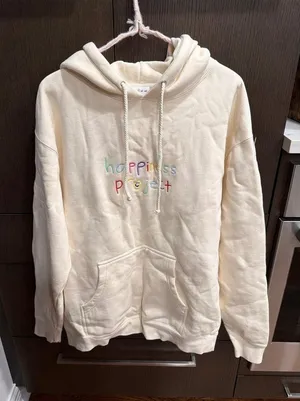 Happiness Project" hoodie multicolored embroidered solid cream women's L thumbnail 1