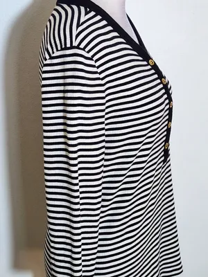 Lauren Ralph Lauren Womens Black and White Ribbed Knit Henley Size Large thumbnail 3