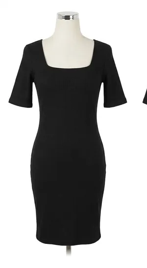 Popular 21 Black Ribbed Square Neck Cutout Open Back Bodycon Midi Dress - L thumbnail 1
