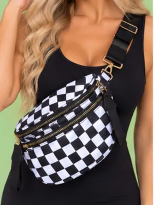 Black & White Checkered Sling Crossbody Bag – Adjustable Strap Gold Hardware thumbnail 1