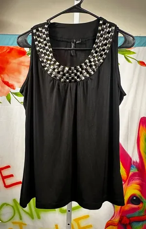 X235. Essentials by Milano- Black Beaded Neckline Sleeveless Top thumbnail 1