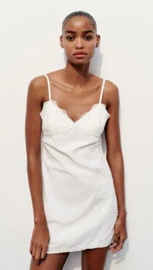 NWT❗️ Zara Embroidered Short Dress with Lace Detail White Size L thumbnail 1