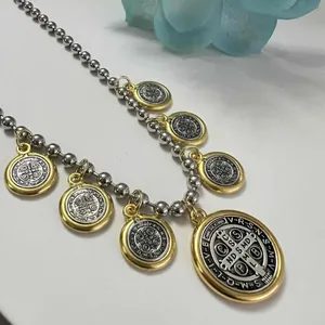 Anthropologie Gold Silver Plated Dangling Coins Necklace Beaded Chain stainless steel jewelry thumbnail 10