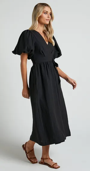 New SHOWPO Amalie The Label - Franc 100% Linen Puff Sleeve Wrap Midi Dress XL thumbnail 1