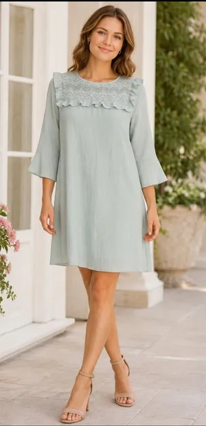 entro Light Sage Lace-Yoke Ruffle Mini Dress thumbnail 1