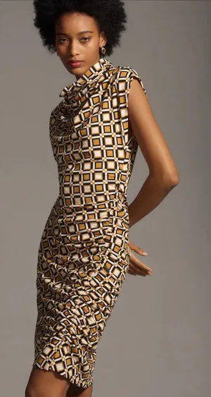 Anthropologie Maya Ruched Cowl Neck Dress Yellow Geometric Print Size MP. NEW! thumbnail 1