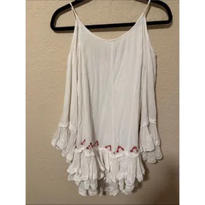 Free People White Cotton Asymmetrical Dress with Red Embroidery thumbnail 4