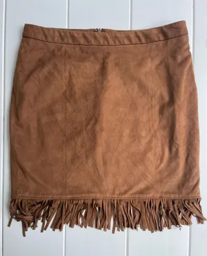 Chelsea & Theodore Faux Suede Fringe Skirt, Size M thumbnail 1