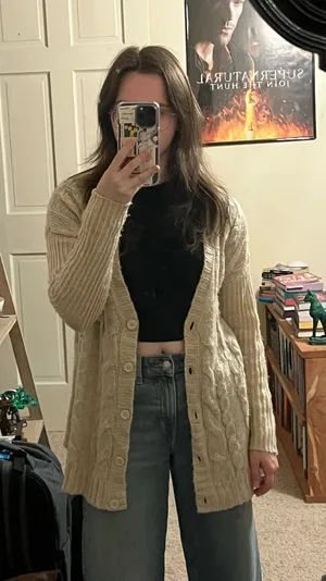 Beige/cream cable knit cardigan with buttons thumbnail 1