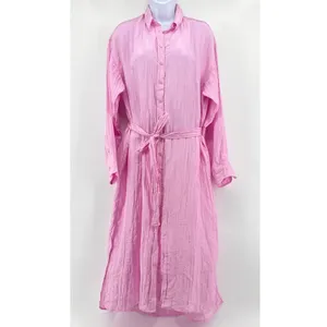 J.Crew Crinkle Belted Button-Up Maxi‎ Shirt Dress S Pink Long Sleeve Side Slit thumbnail 2