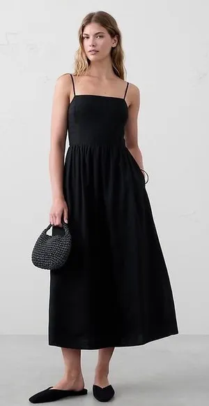 Stillwater Black Linen Blend Midi‎ Dress Small Spaghetti Strap Boho Casual thumbnail 1