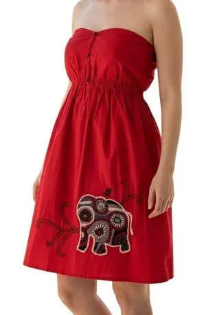 Judith March Strapless Dress Small Red Elephant Embroidery Boho Smocked Back‎ thumbnail 1