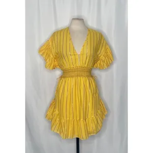 SAYLOR Yellow Metallic Striped Dress Fluttery Smocked Mini Gold Party Medium thumbnail 2