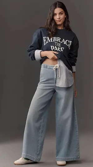 Pilcro Anthropologie Wide Leg Denim Knit Pants L High Rise Pull On Jeans thumbnail 1